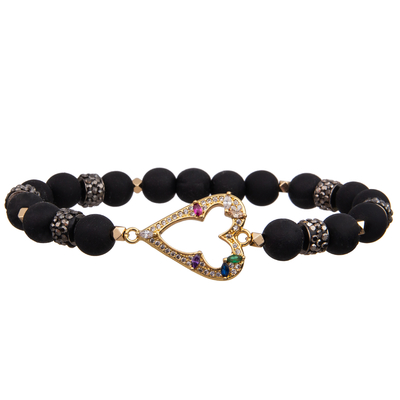 Strechy handgemachte Perlenarmbänder des besten Valentinstaggeschenkschwarzen mit Zirconherzen und Golddistanzscheibe