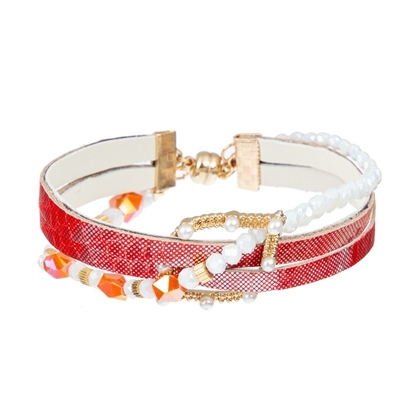 18.5cm umsponnenes Lederarmband mit mehrschichtigem magnetischem Knopf der Perlen