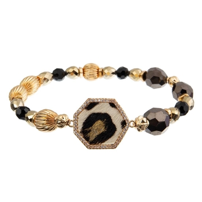 Gold des 10mm Perlen-vereitelter Schwarzweiss-Leopard handgemachtes Lederarmbandes 18.5cm