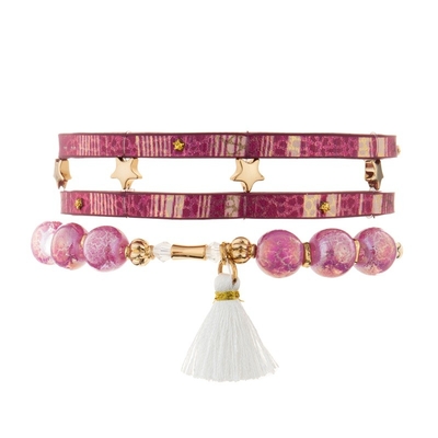 Mädchen-Rosa-Energie-Weinlese-Lederarmband mit handgemachter weißer Quaste