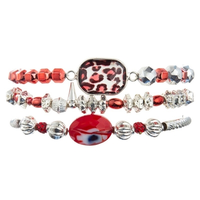 Leopard-Druck-Glas-Crystal Charm Bracelet With Red-Silber-Perlen