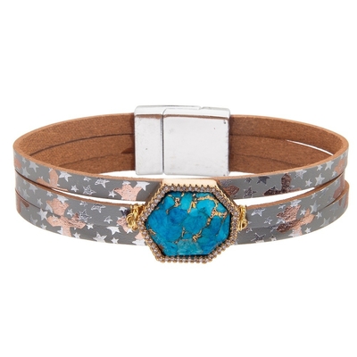 Böhmische Art-lassen das magnetische Schnallen-Lederarmband, das mit Zircon eingestellt wird, geformten Türkis fallen