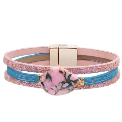 Böhmische Art-lassen das magnetische Schnallen-Lederarmband, das mit Zircon eingestellt wird, geformten Türkis fallen