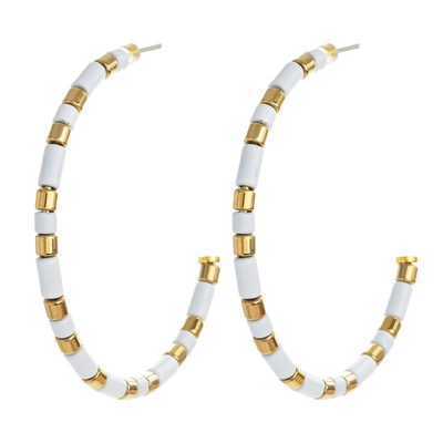 45mm emaillieren offene Kreis-Perlen Band-Ohrringe, die C Weiß und Gold formen
