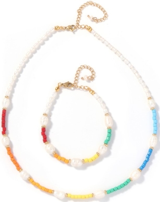 5-6mm färbte Frischwasserperlen-Armband, Regenbogen Email-Perlen-Armband