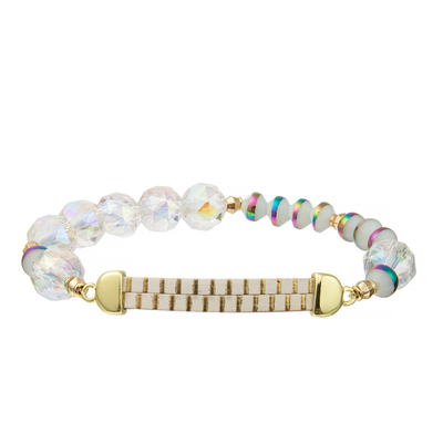 Weißgold-gestreifte handgemachte Lederarmbänder mit klarem Crystal And Rainbow Resin Beads