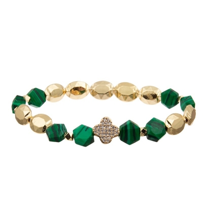 Dehnbares Malachit bördelt Zircon-Blatt-Charme-Armband mit Goldkette