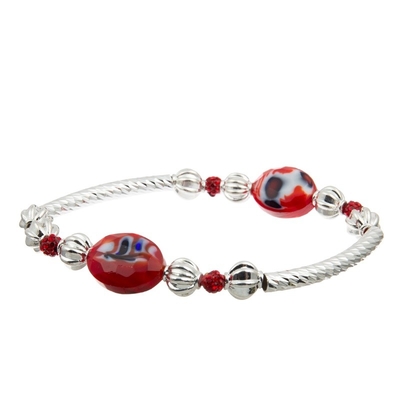 Leopard-Druck-Glas-Crystal Charm Bracelet With Red-Silber-Perlen