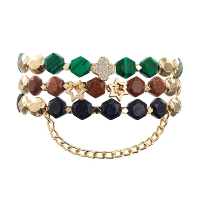 Dehnbares Malachit bördelt Zircon-Blatt-Charme-Armband mit Goldkette