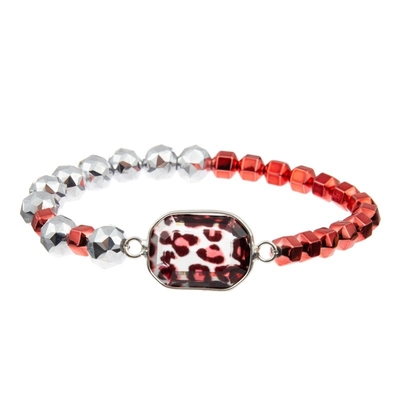 Leopard-Druck-Glas-Crystal Charm Bracelet With Red-Silber-Perlen